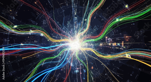 Abstract illustration of energy flow with colorful lines and bright center