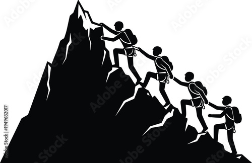 Silhouette hikers climbing steep mountain peak together, teamwork support and leadership concept, adventure trekking journey toward summit success