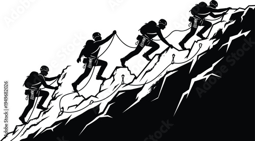 Team of mountaineers climbing steep mountain ridge with rope teamwork, leadership, challenge, adventure success concept silhouette illustration isolated on white background