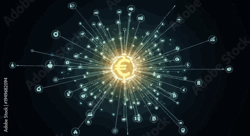 Abstract illustration of euro symbol with connected icons on dark background
