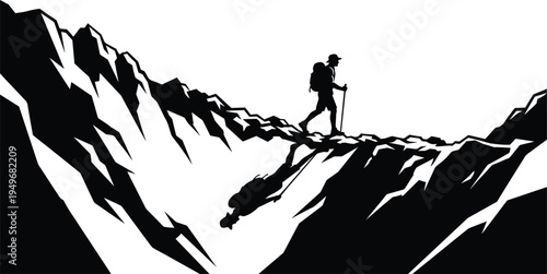 Hiker silhouette crossing rocky mountain ridge with reflection below, trekking adventure and exploration concept in dramatic alpine wilderness landscape