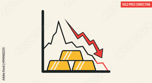Gold price correction concept with financial chart and gold bars