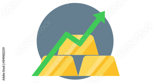 Gold bars and upward trend arrow graphic for financial success concept