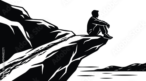 Lonely man sitting on cliff edge overlooking sea, deep thinking solitude concept, freedom and reflection silhouette illustration isolated on white background