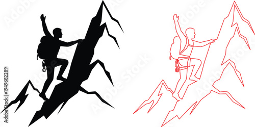 Mountain climber reaching summit with raised hand, adventure success concept, mountaineering silhouette and outline vector illustration isolated on white background
