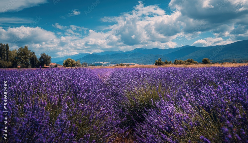 Fototapeta premium Lavender Field Under a Cloudy Sky with Distant Mountains.