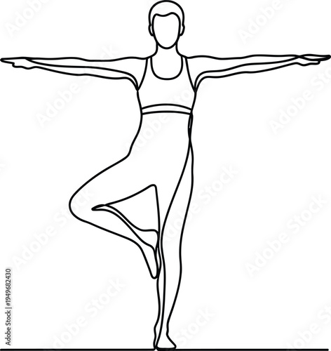 Woman in a yoga pose with one leg bent and arms outstretched