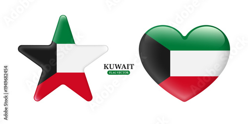 Kuwait national flag with a glossy glass-like effect in heart and star, isolated on a white background, suitable for present graphics or infographic media design, vector 3d for design