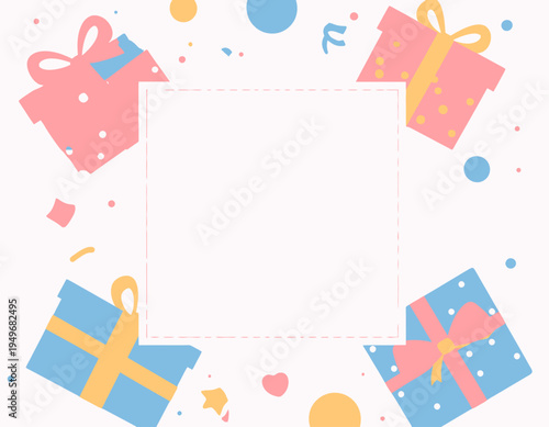 Festive background with colorful gift boxes and confetti framing a central area, perfect for joyful invitations and greeting cards, conveying happiness and cheer
