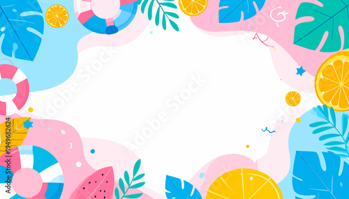 Summer vacation background with tropical leaves, swim rings and citrus fruits for travel and holiday design