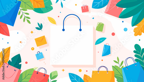 Festive shopping bags and leaves backdrop for seasonal sales and promotions