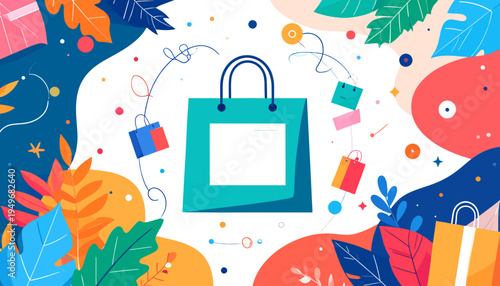 Colorful shopping bag illustration with abstract natural elements and small gift boxes floating around a central bag
