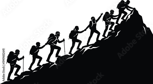 Silhouette team of climbers helping each other reach mountain summit, hiking adventure concept, teamwork, leadership, success journey, outdoor exploration illustration