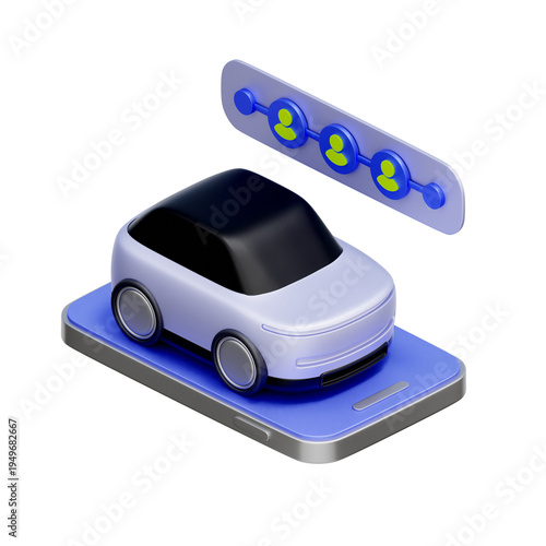 3D illustration of smartphone with car and connected user avatars for carpooling network, community transport features, social mobility systems, passenger link dashboards, and travel user interfaces.