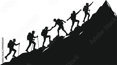 Silhouette of hikers climbing mountain peak, teamwork and adventure concept, hiking group helping each other reach steep summit success