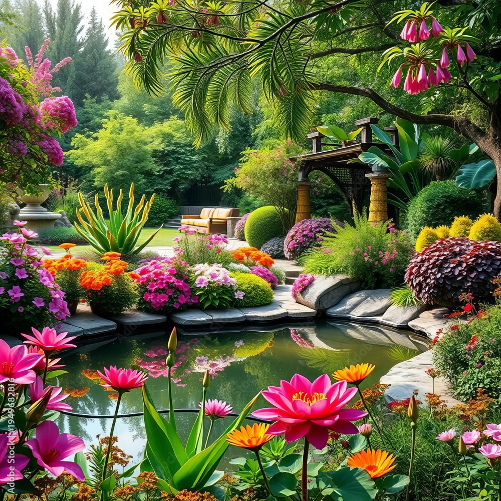 Fototapeta premium A serene garden oasis with lush greenery, colorful blooms, and a tranquil pond, nature, soothing