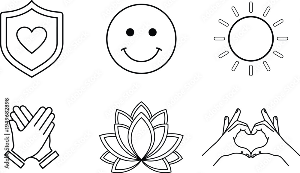 Fototapeta premium A collection of six hand drawn icons representing love and positivity