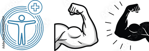 Fitness and Strength Icons Set Human Health Symbol Strong Arm Muscle Bodybuilding Vector Illustration Collection