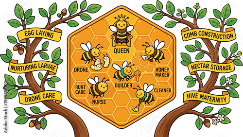 Honey bee colony roles diagram with queen, drone and worker bees, educational cartoon infographic about hive activities and honey production