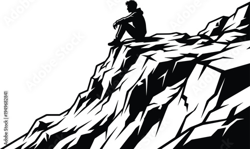 Lonely man sitting on mountain cliff edge, deep thinking solitude concept, adventure lifestyle silhouette illustration, reflection and freedom isolated on white background