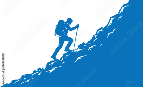 Silhouette hiker climbing steep mountain slope with trekking pole, adventure trekking concept, outdoor exploration, determination, challenge, hiking success illustration, travel inspiration