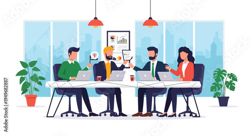 Four business professionals collaborate in a modern office meeting, working on laptops and analyzing charts with city views in the background.