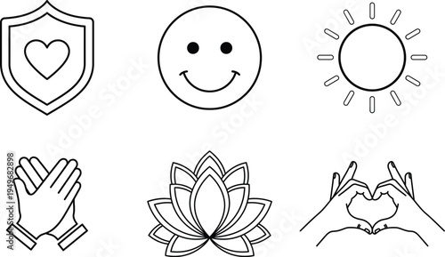 A collection of six hand drawn icons representing love and positivity
