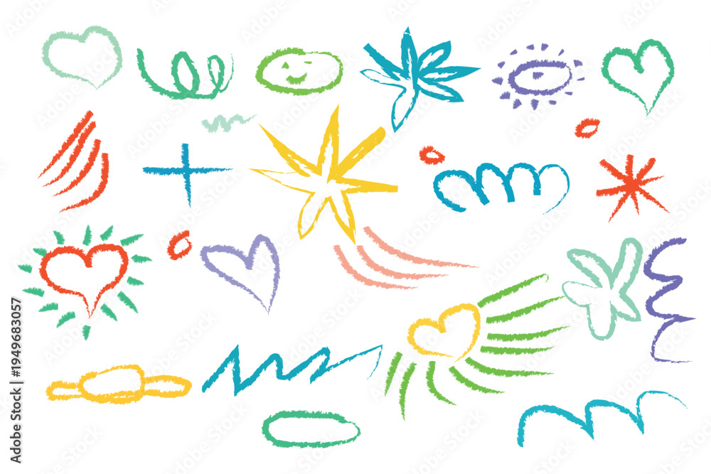 Fototapeta premium A vibrant collection of colorful charcoal doodle elements including stars, planets, hearts, crescent moon shapes, and smiling faces. These hand drawn sketch-style illustrations feature rough charcoal.