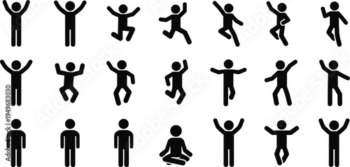 Human Stick Figure Poses Icon Set Jumping Dancing Standing Yoga Activity Vector Illustration Collection