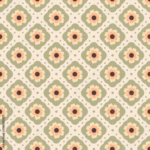 Retro Floral Tile Seamless Pattern – Vintage Daisy Flower Geometric Background