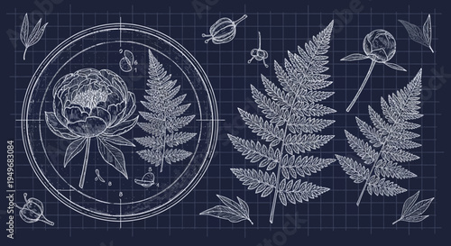Botanical illustration of flowers and ferns on blue grid background