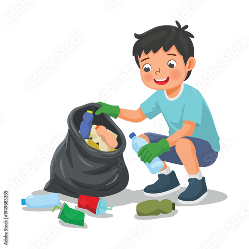 Little boy picking up plastic bottles into trash bag for recycling 