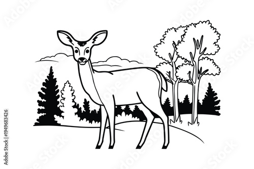 Black and White Illustration of a Deer in a Forest Landscape.