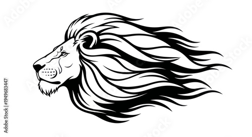 Profile of a majestic lion head with flowing mane isolated on white
