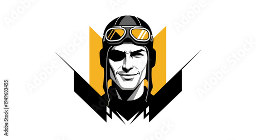 Retro pilot portrait illustration with goggles and helmet on white background