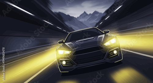Dynamic illustration of a dark car in motion with illuminated headlights