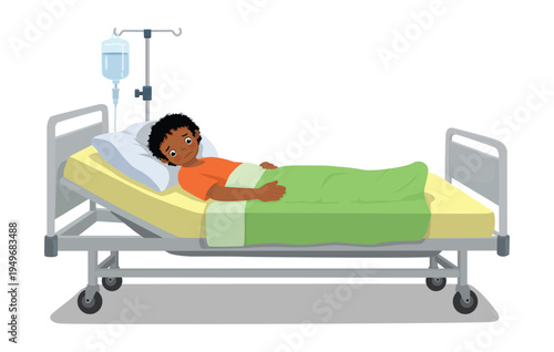 Sick little African boy lying in hospital bed with IV drip
