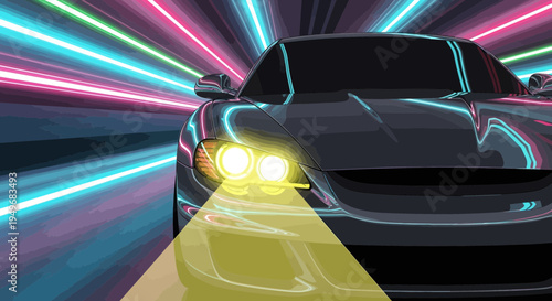 Dynamic illustration of a sleek car with speed lines and bright headlights