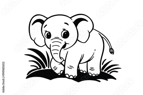 Cute Baby Elephant Standing in Grass Line Art.