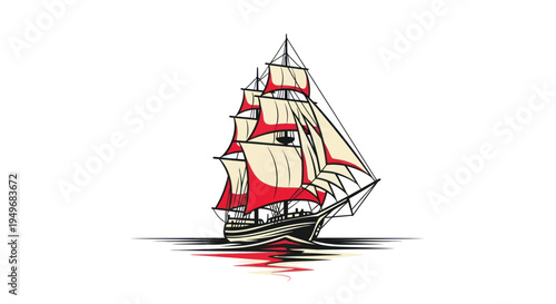 Sailboat graphic illustration with red sails on white background copy space