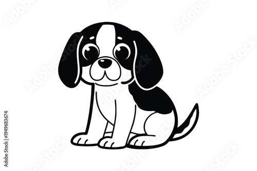 Cute cartoon black and white puppy sitting down.