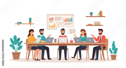 Five diverse professionals collaborate around a table with laptops, charts, and coffee in a modern office meeting or corporate workspace.