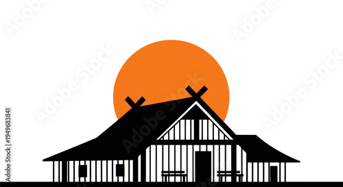 Silhouette of a building with orange sun symbolizing daylight
