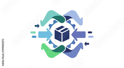 Abstract illustration of gears arrows and a box symbolizing processes