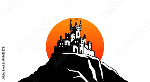 Silhouette of a castle on a hill with an orange sunset background