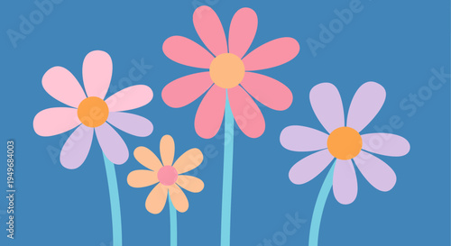 A vibrant illustration of colorful daisy flowers blooming against a solid blue background, evoking a sense of joy and simplicity