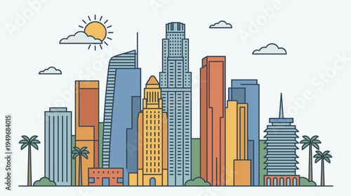 Outline Los Angeles skyline vector panorama with Capitol Records building, city hall, modern downtown architecture, sun, and clouds in a retro flat line art style.