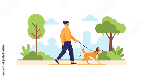 Woman Walking Dog in Park Outdoor Pet Owner Lifestyle Illustration