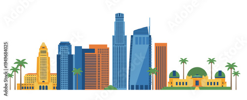 Blue and yellow Los Angeles skyline vector cityscape panorama with prominent downtown buildings, Griffith observatory, city hall, and iconic California palm trees.