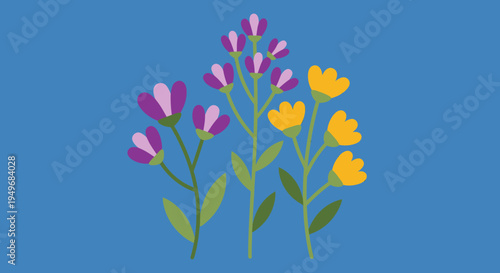 Charming graphic illustration featuring a delightful cluster of stylized purple and yellow flowers set against a serene and vivid blue background, evoking springtime joy